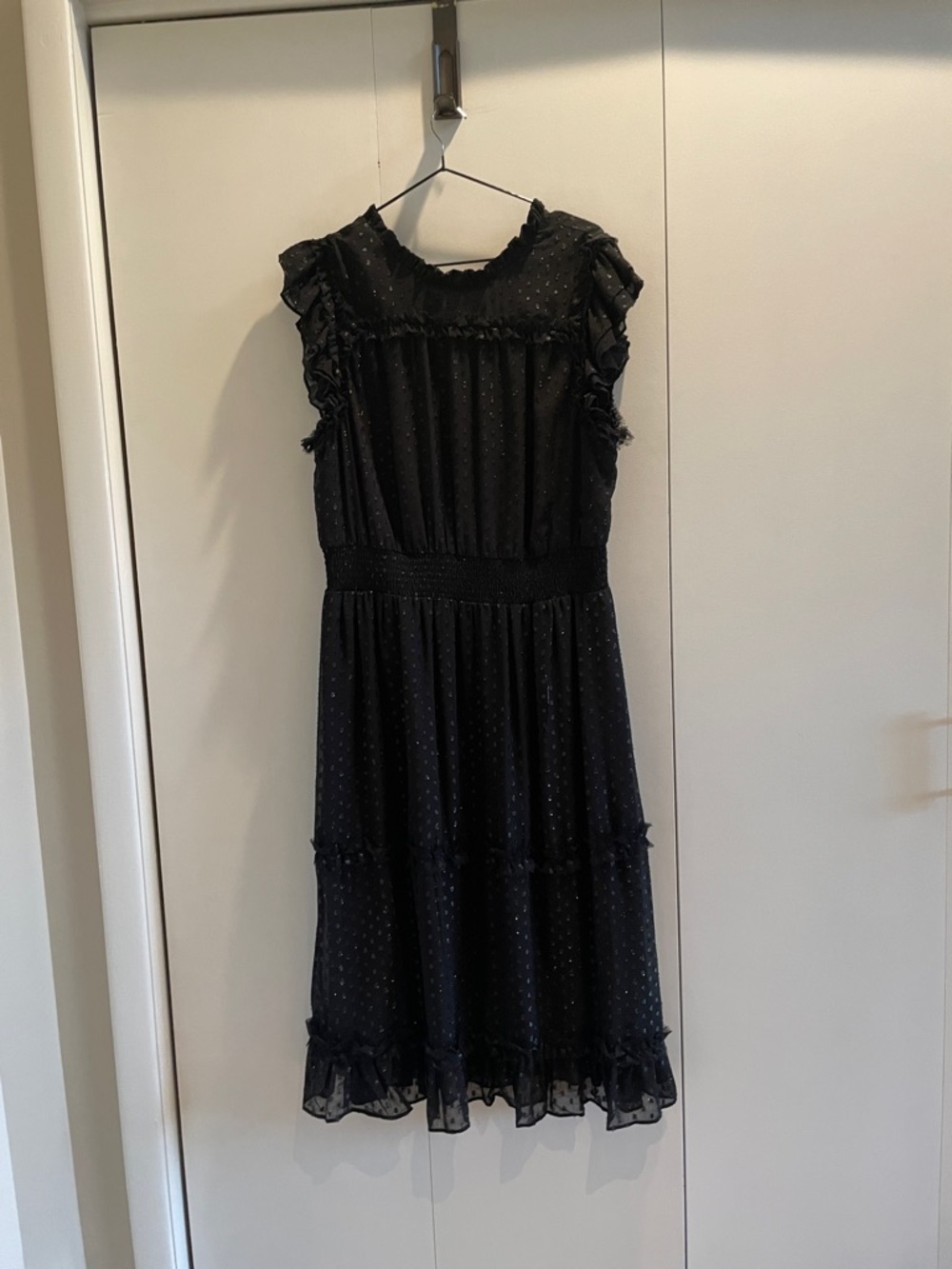 Cece black sparkle Ruffle Midi Dress with Dot Texture